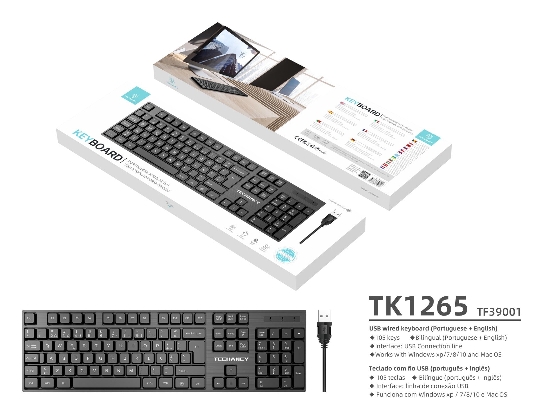 image_d0cb2f7b-e310-44eb-aa31-403fb70e1541.jpg Teclado USB com fio de tamanho normal Techancy, TK1265, teclas de entrada em inglês + português, preto - Image 4