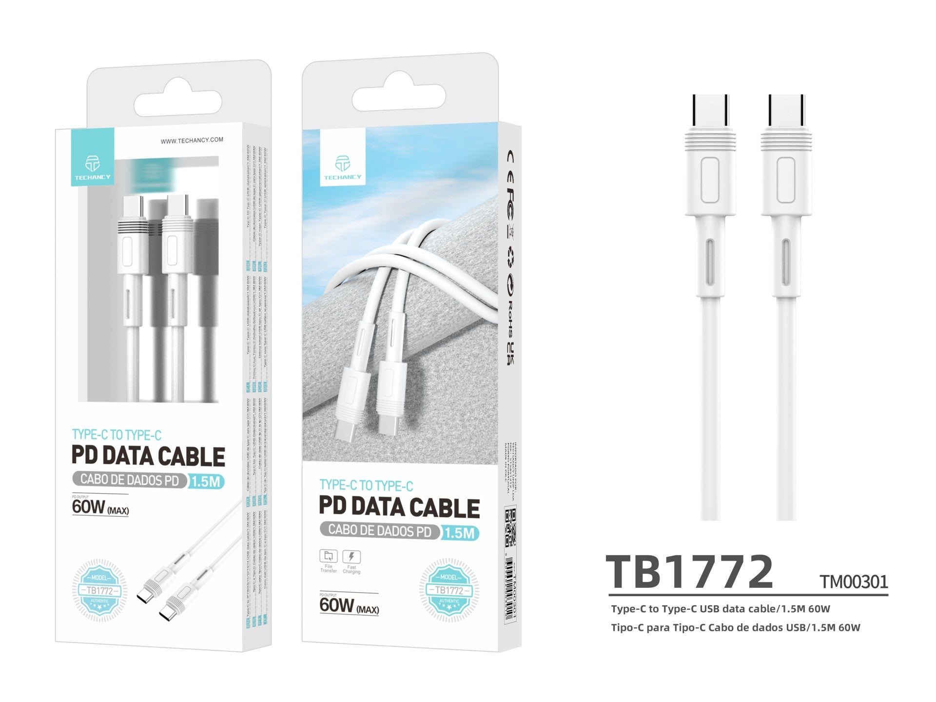 techancy cabo pd de carregamento rápido branco de 1,5 m tb1772, usb c para porta usb c 60w/20v 3a techancy cabo pd de carregamento rápido branco de 1,5 m tb1772, usb c para porta usb c 60w/20v 3a