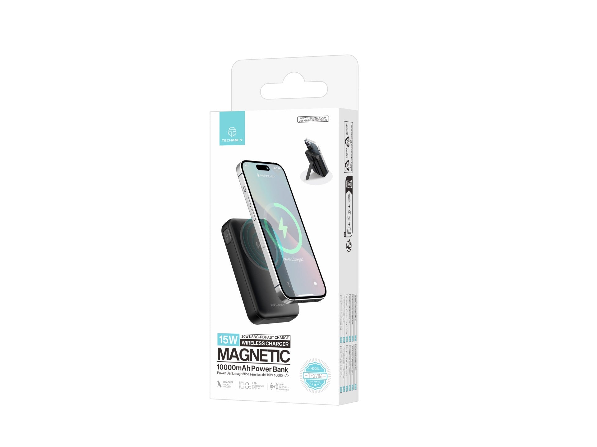 techancy power bank magnetico tf2786 10000mah carregamento rapido sem fios 15w pd 20w compativel com magsafe suporte integrado ecrã led preto techancy power bank magnetico tf2786 10000mah carregamento rapido sem fios 15w pd 20w compativel com magsafe suporte integrado ecrã led preto
