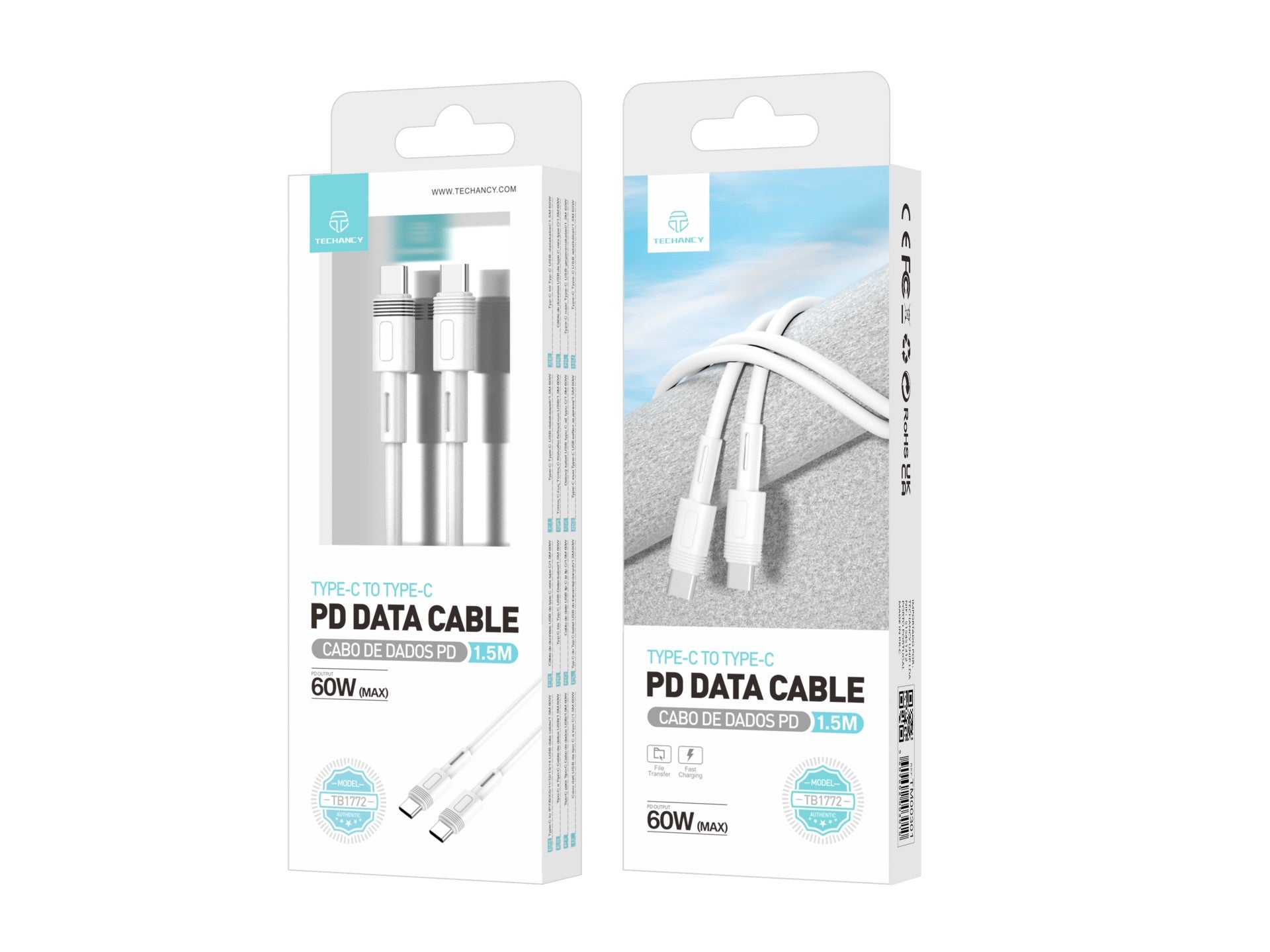 techancy cabo pd de carregamento rápido branco de 1,5 m tb1772, usb c para porta usb c 60w/20v 3a techancy cabo pd de carregamento rápido branco de 1,5 m tb1772, usb c para porta usb c 60w/20v 3a