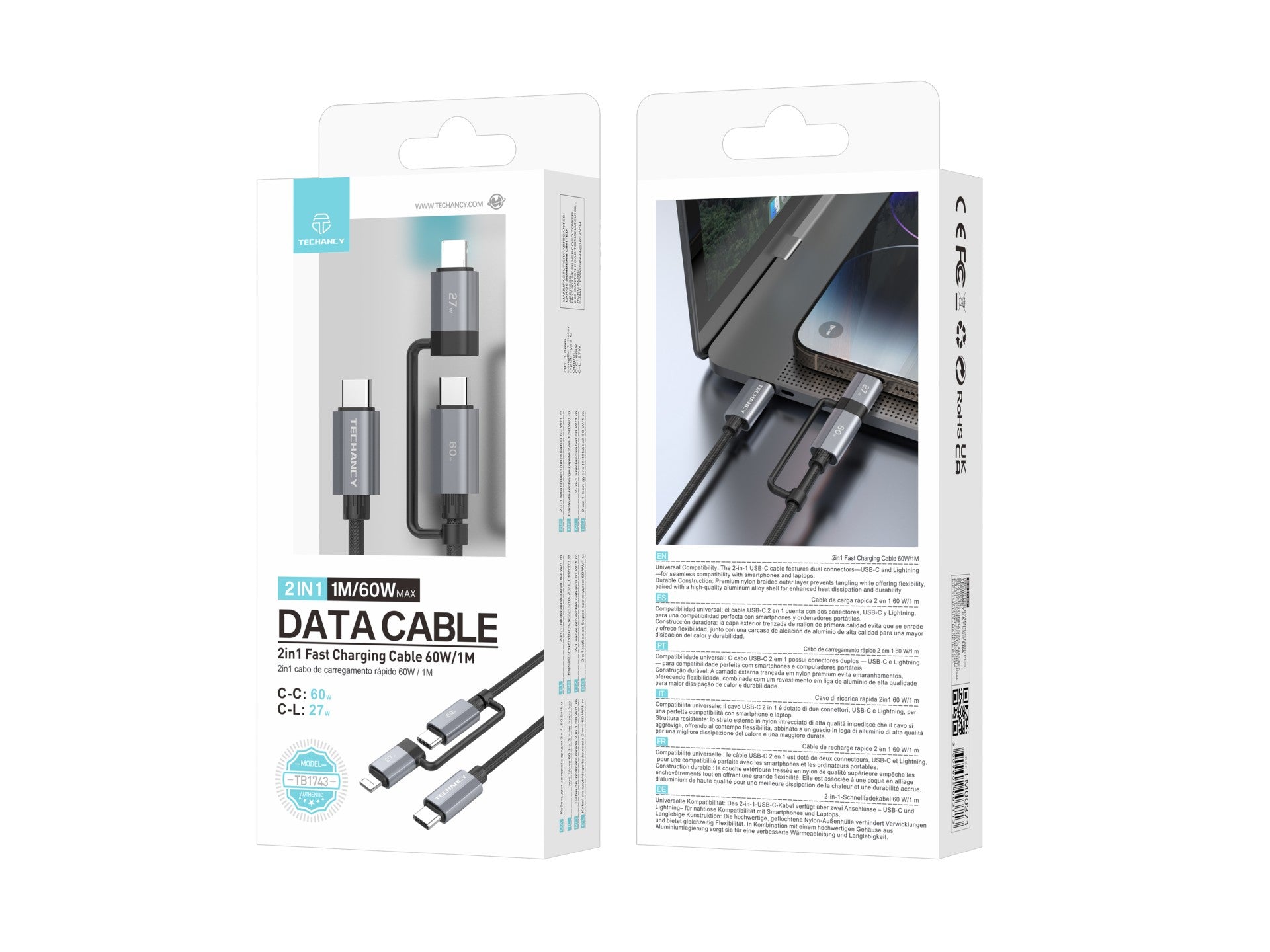 techancy cabo de carregamento rápido 2 em 1 tb1743 1m usb c para usb c 60w e usb c para lightning 27w cabo durável para vários dispositivos techancy cabo de carregamento rápido 2 em 1 tb1743 1m usb c para usb c 60w e usb c para lightning 27w cabo durável para vários dispositivos